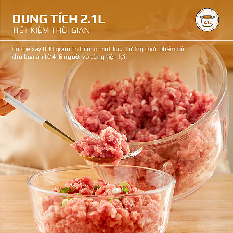 Dung tích 2.1 lít có thể xay tới 800gr thịt